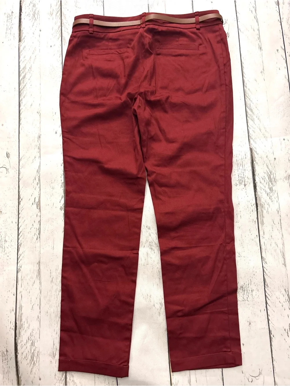 Timing Women's Burgundy Chinos with Leather Belt Sz M (6 -8) 98% cotton.